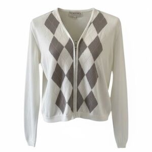 Tehama Nancy Haley White Argyle V-Neck Front Zip Long Sleeve Sweater Size Small